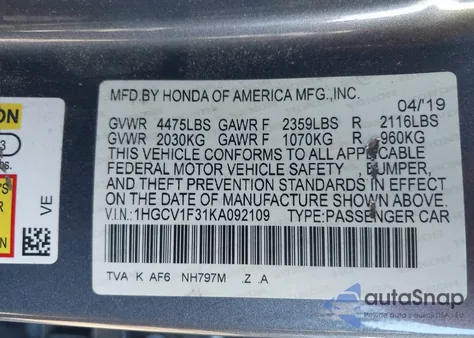 2019 Honda Accord Sport из США, поврежденный, VIN 1HGCV1F31KA092109